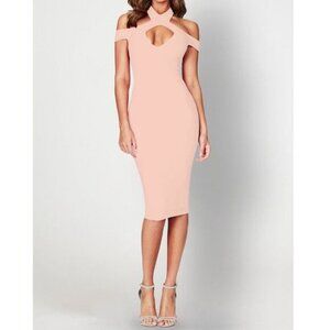 Nookie Hollywood Off the Shoulder Crossover Neck Stretch Fit Midi Dress Blush L